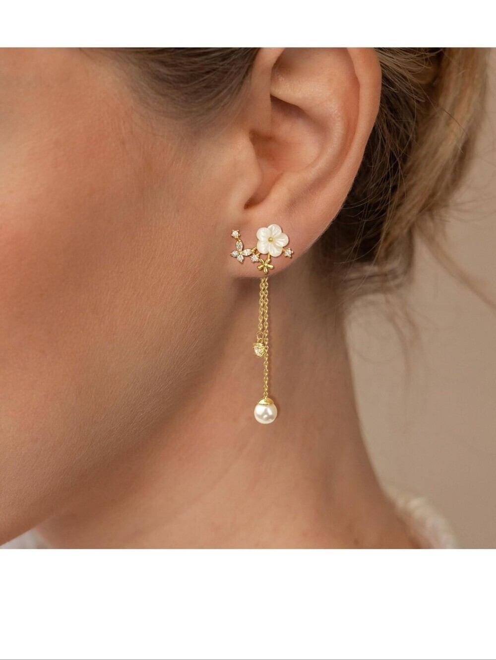 Gold Floral Pearl Drop Earrings - White Pearl
